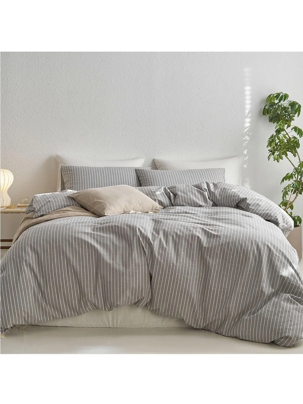 NEW MooMee Striped Duvet Cover Set 100% Washed Cotton Linen Like Texture. Grey